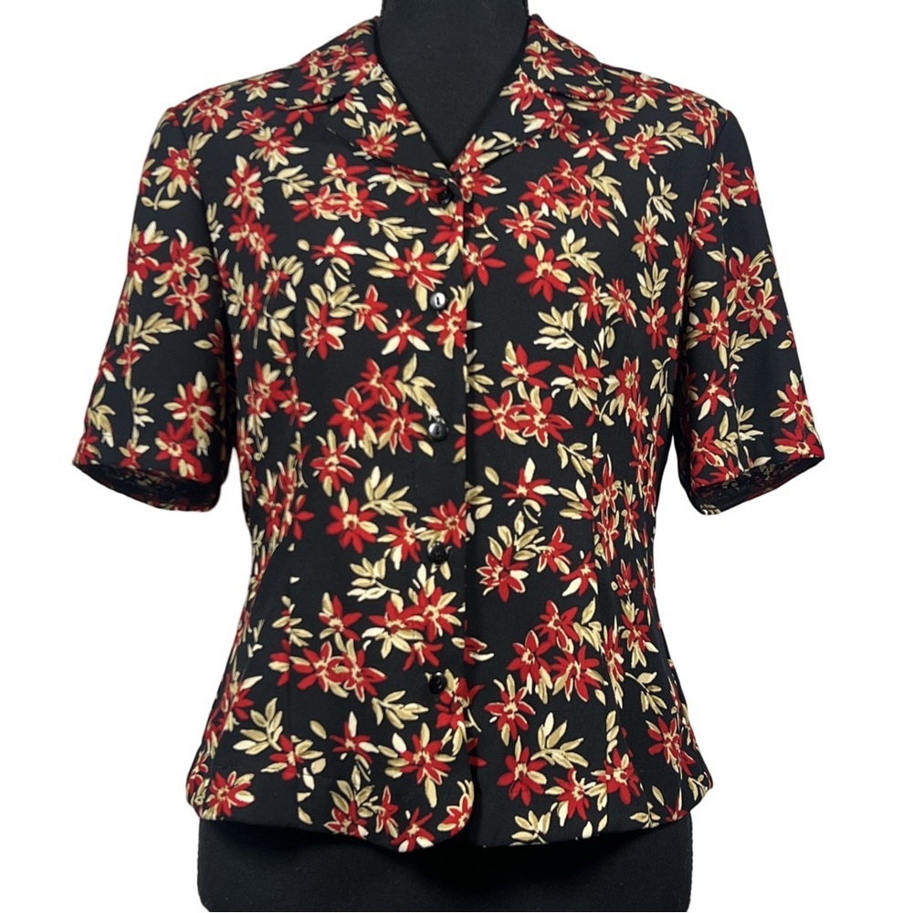 Pendleton Black Button-Up Blouse with Red Flowers, Size 10